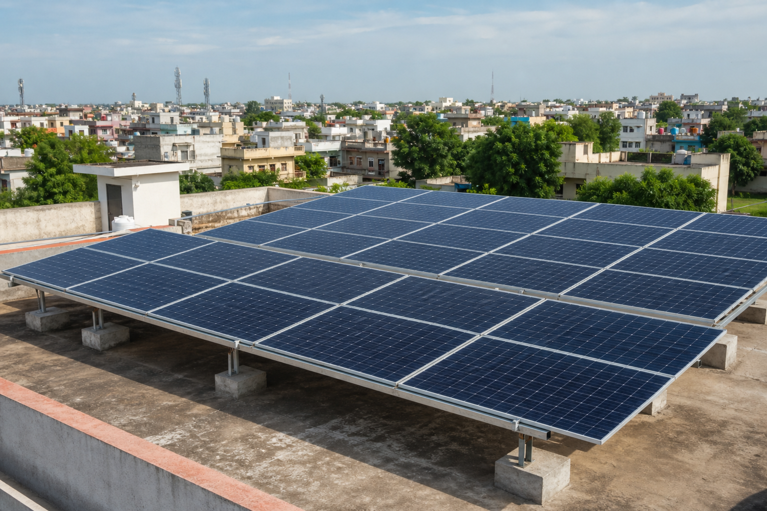 Rooftop solar panel installation in a residential area